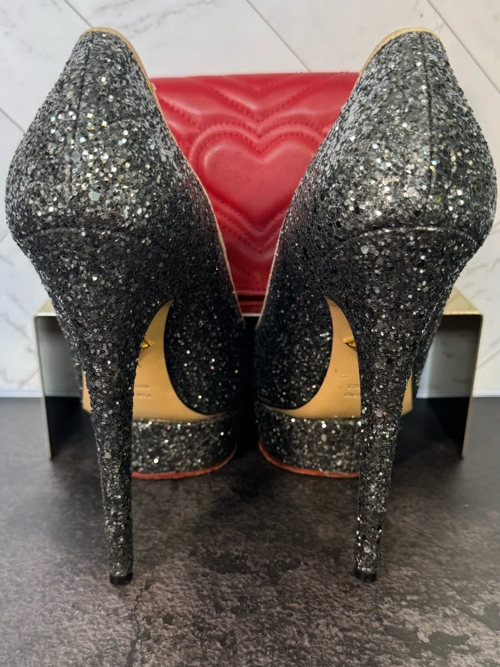 Charlotte Olympia Grey Glitter Dolly Platform Pumps Heels, Size 38